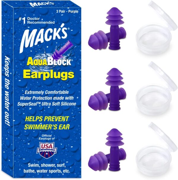 Mack's AquaBlock Swimming Earplugs, 3 Pair - Comfortable, Waterproof, Reusable Silicone Ear Plugs for Swimming, Snorkeling, Showering, Surfing and Bathing