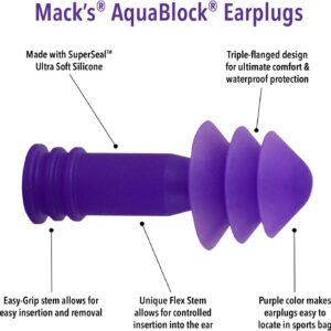 Mack's AquaBlock Swimming Earplugs, 3 Pair - Comfortable, Waterproof, Reusable Silicone Ear Plugs for Swimming, Snorkeling, Showering, Surfing and Bathing