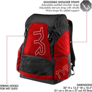 TYR Alliance Backpack, RedBlack, 45 Liter; swimming backpack; swimming equipment; backpack; swim time log